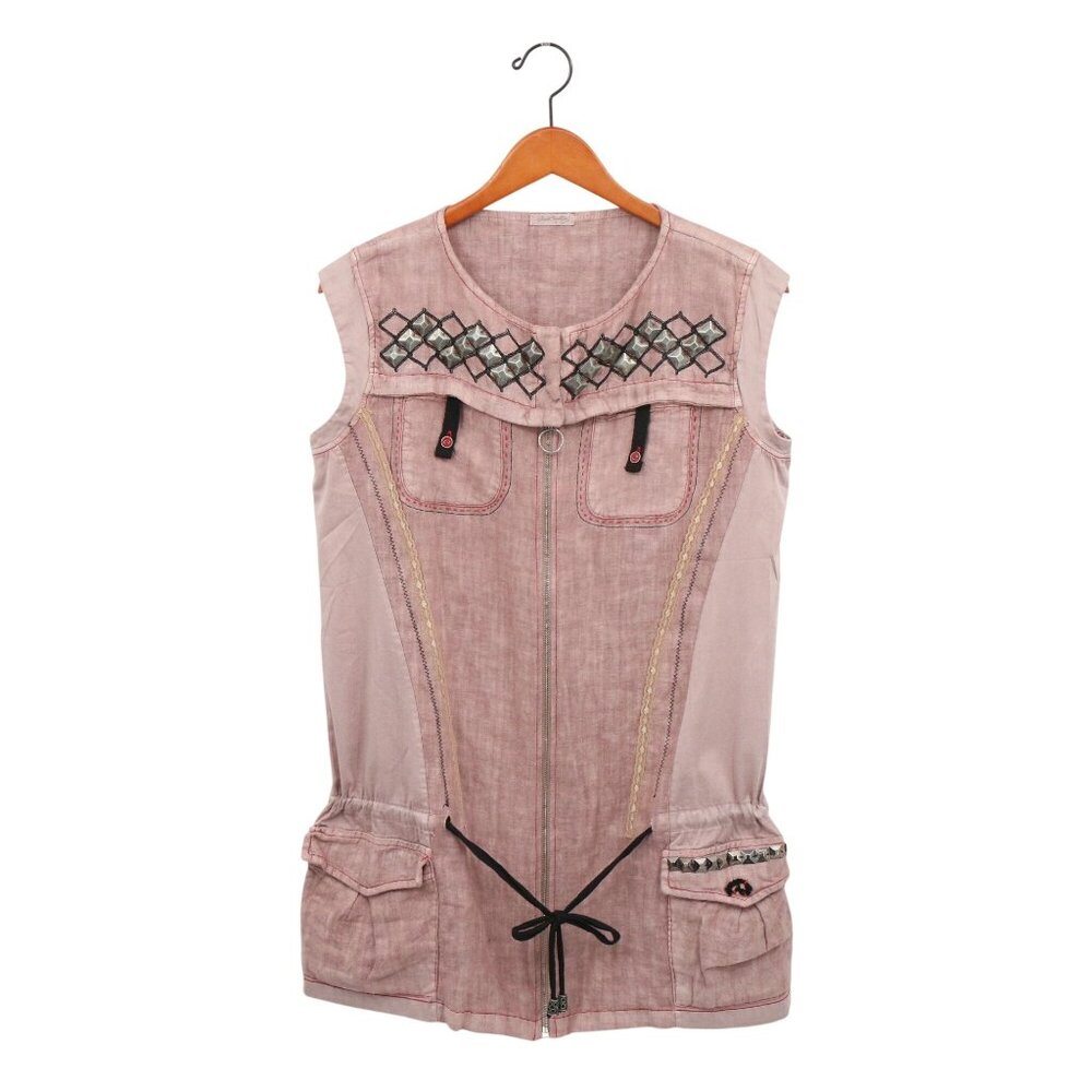 Angels Never Die Wearable Art to Wear Artsy Zip Front Pink Linen Vest Top M